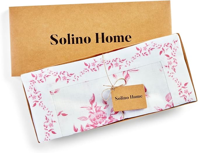 Solino Home Pink Floral Print Table Runner 60 inch - 100% Pure Linen Table Runner 14 x 60 Inch - Handcrafted and Machine Washable - Jolie Fleur Print