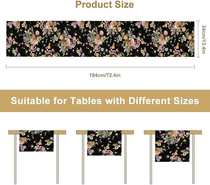 Vintage Floral Table Runner,Gothic Retro Flowers Spring Summer Seasonal Table Runner for Home Kitchen Table Dining Indoor Outdoor Party Decor 13x36 Inch