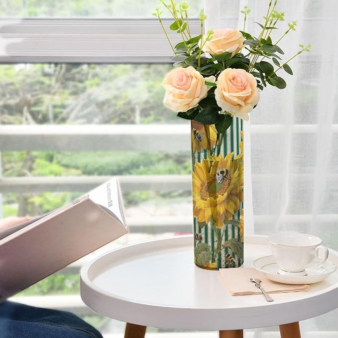 Flower Vase Clear Plastic Cylinder Vases Decor for Centerpieces Home Storage Office Weddings Green Striped Sunflowers and Honey Bees 11.8 x 3.9 in