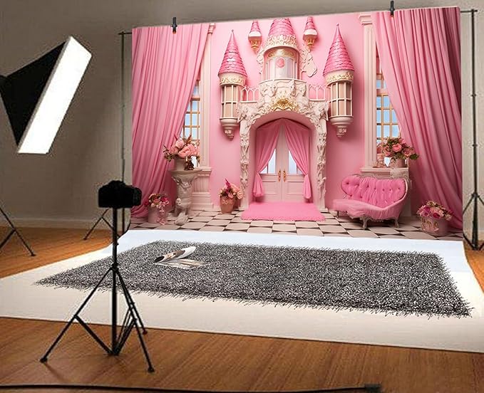 6x4ft Pink Princess Castle Backdrop Curtain Window Door Room Interior Background for Photography Sofa Flowers Vases Banner Decorations Girl Kids Birthday Baby Shower Party Photo Booth Props