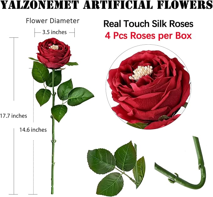 YalzoneMet 3.5'' Big Bloom Red Rose Artificial Flowers 4Pcs Real Touch Rose Faux 17.7 Inch Long Stem Austen Roses Peonies Fake Flowers for Home Kitchen Party Christmas Flower Wedding Decor