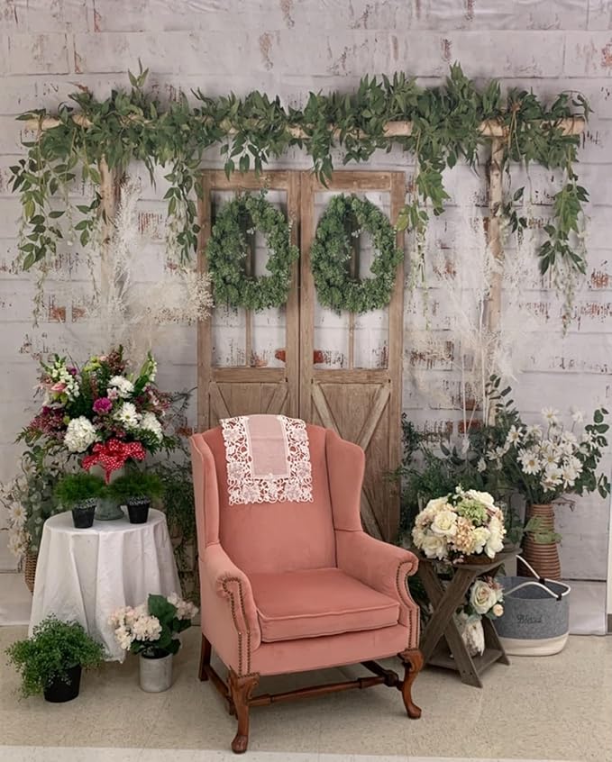 Kate Rustic White Painted Brick Wall Wood Door Photography Backdrops 8x8ft Spring Green Grass and Flowers Photo Backgrounds Baby Shower Backdrop Photoshoot Props
