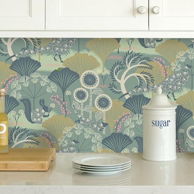 Wudnaye Green Floral Peel and Stick Wallpaper Vintage Contact Paper for Cabinets 17.7inch×118.1inch Neutral Peacock Removable Wallpaper Self Adhesive Boho Wall Paper for Bedroom Cabinet Decor Vinyl