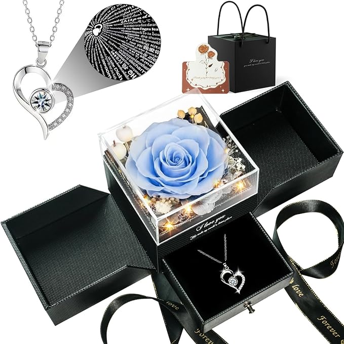Birthday Gifts for Women, Preserved Real Roses with Heart Necklace I Love You in 100 Languages, Anniversary Wedding Gifts for Women Her Girlfriend Wife, Forever Roses Necklace Gift Box SkyBlue