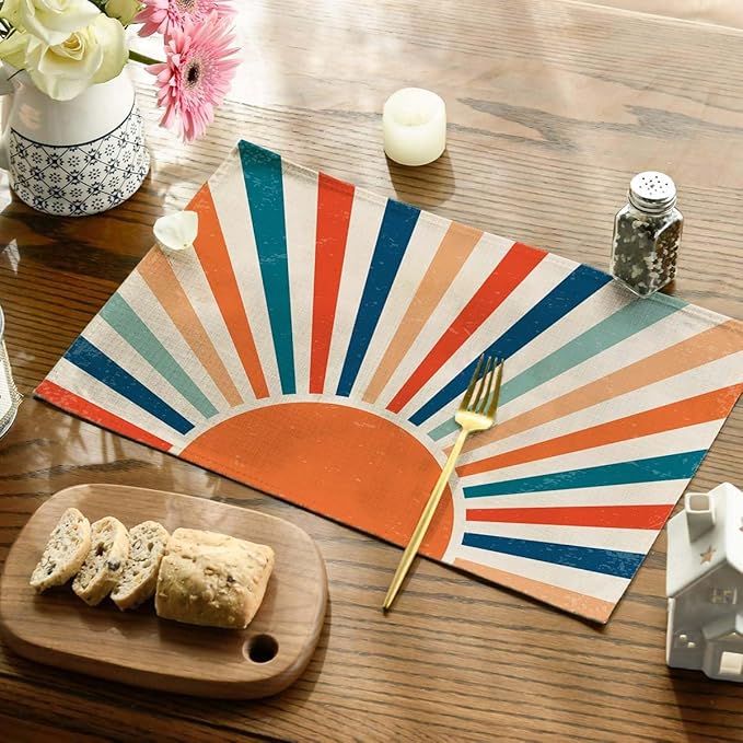 Placemats Set of 4 Retro Colourful Sunrise Place Mats Washable Table Dinner Mats Linen Table Mats for Kitchen Dining Party Home Kitchen Decor 12x18 Inch