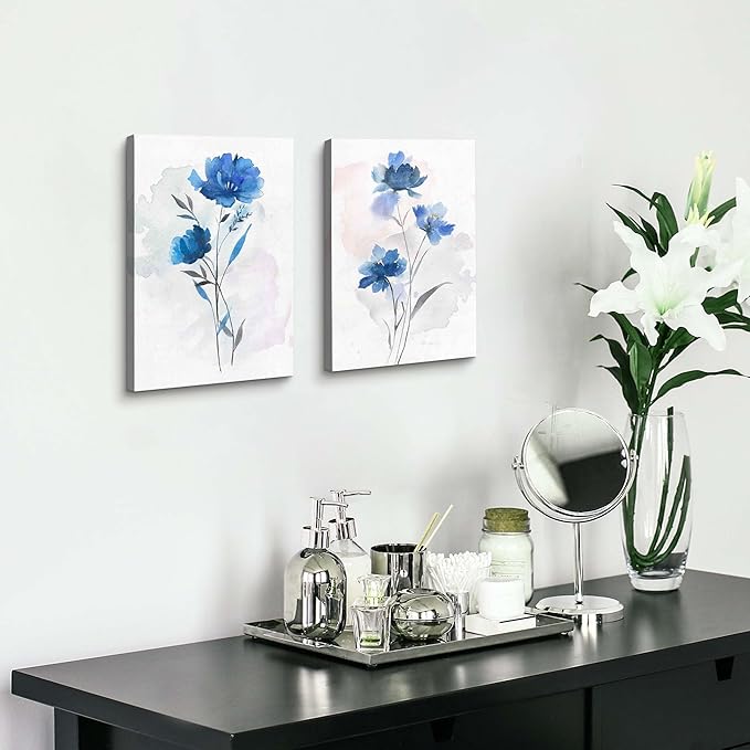 Flower Canvas Abstract Wall Art: 2 Pieces Navy Blue Floral Prints Artwork Vintage Wildflower Bouquet Botanical Picture Painting for Bedroom Living Room Bathroom Home Office