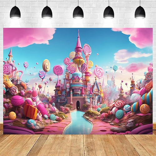 10x7ft Candyland Backdrop Sweet Candy Castle Photography Background Colorful Lollipop Blue River Cartoon Kids Birthday Banner Decorations Baby Shower Newborn Portrait Photo Booth Prop