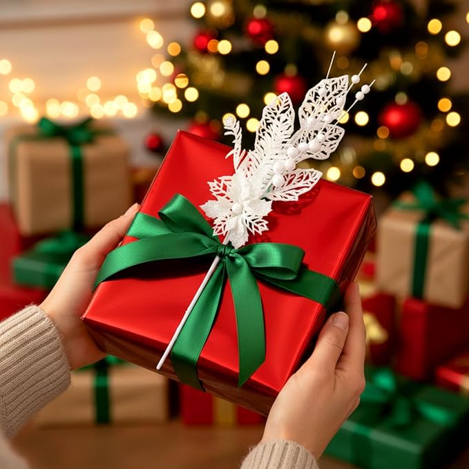 18 Pack 3 Styles 17 Inch Christmas Glitter Poinsettia Berry Stems Ornaments Artificial Floral Branches Picks for Christmas Tree Home Vase Holiday Party Decor(White)