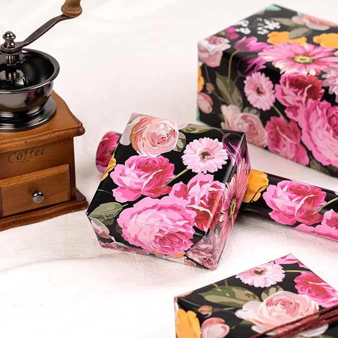 WRAPAHOLIC 30 Inch Reversible Floral Wrapping Paper - 30 Inch X 33 Feet - Colorful Flower Wrapping Paper for Birthday, Mother's Day, Wedding, Baby Shower, Bridal Shower