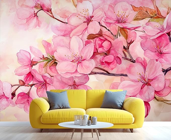Watercolor Cherry Blossom Wall Mural, Japanese Cherry Blossom 3D Wall Murals, Simple Elegant Flowers Wallpaper Mural, for Living Room Bedroom Large Wallpaper Indoor Decor 118" W x 82.6 "H