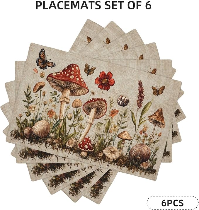 Rustic Mushroom Placemats Set of 6 Washable Table Mats Vintage Botanical Leaf Heat-Resistant Cotton Linen Place Mats for Dining Table Kitchen Indoor Outdoor Party Holiday Decor