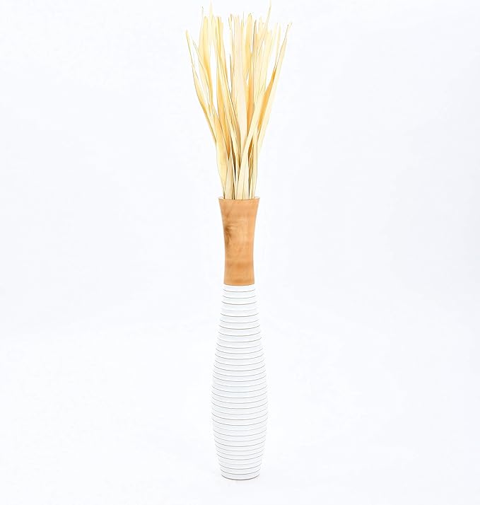 Leewadee Large Ecru Home Decor Floor Vase - Wooden 26 inch Tall Farmhouse Decor Flower Holder for Fake Plant and Pampas Grass