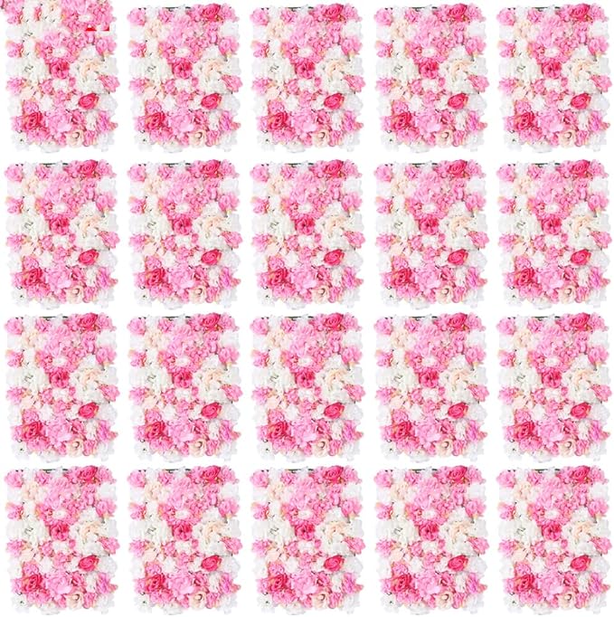 20 Pack Artificial Flower Wall Panels 24" x 16" Pink&White Faux Hydrangea and Rose Artificial Flower Backdrop Panels for Wedding Party Event Flower Wall Decor