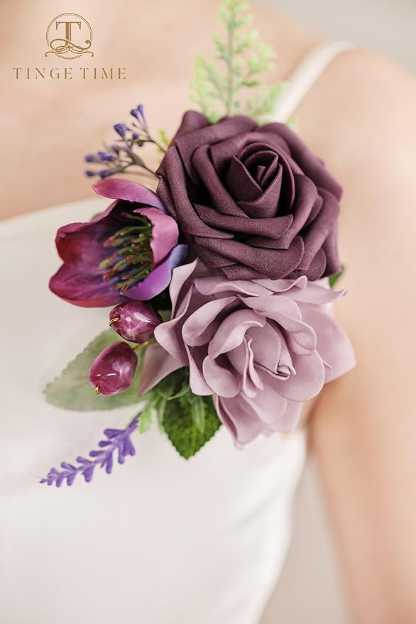 TINGE TIME Artificial Shoulder Corsages Flowers, Set of 2, Mother of The Bride Floral Corsage for Wedding Ceremony Anniversary Formal Dinner Party (Plum)
