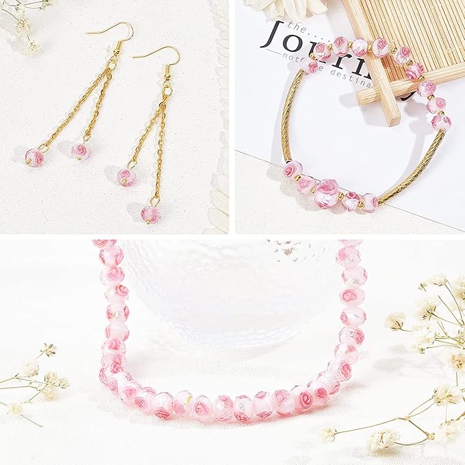 PH PandaHall 70pcs 6~8mm Rose Lampwork Beads Silver Foil Glass Beads Flower Glass Beads Floral Handmade Lampwork Beads Round Loose Beads for Rosary Making Jewelry Craft Making 2mm Hole - Sliver Pink