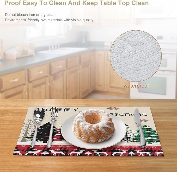 Christmas Placemats Rustic Farmhouse Red Buffalo Plaid Elk Christmas Tree Winter Snowflake Placemats Table Kitchen Dining Party 12x18 Inch Set of 6