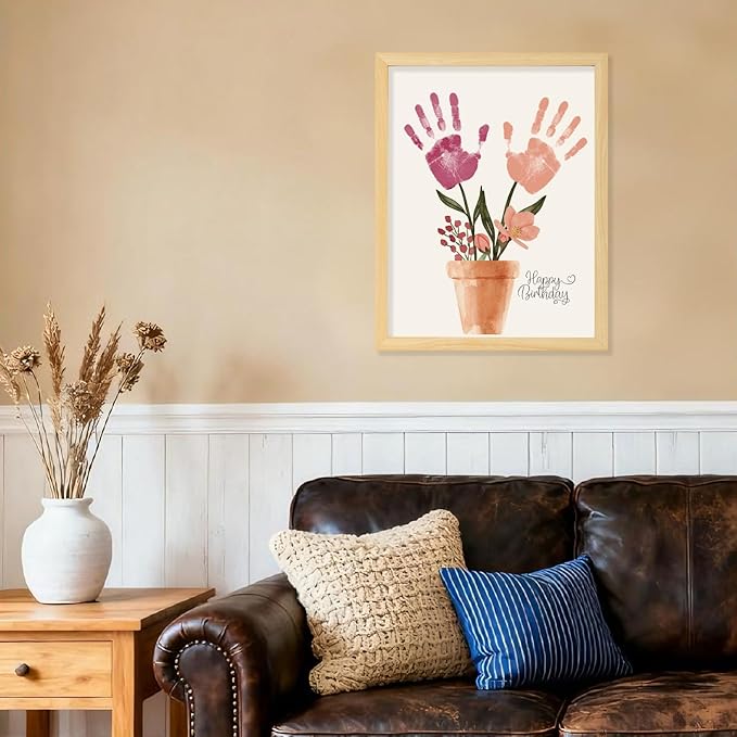 CLUSIVC DIY Christmas Birthday Gift for Grandma and Mom Flower Bouquet Handprint Craft Kit, Unique Gifts for Grandma Mom Mimi Nana,New Year Gift(12" x 16", 2 Art Papers, Wood Frame)