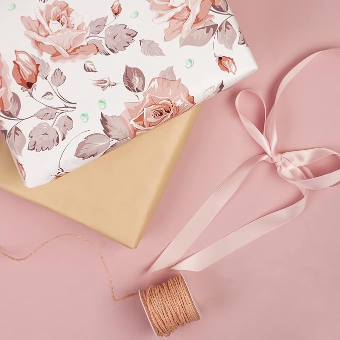 WRAPAHOLIC 30 Inch Reversible Floral Wrapping Paper - 30 Inch X 100 Feet Jumbo Roll Beautiful Pink Floral Design, Perfect for Wedding, Mother's Day, Birthday, Baby Shower