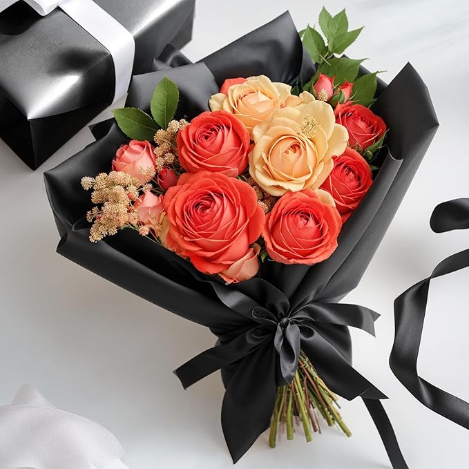 YTDEK Flower Wrapping Paper 20 Sheets Black Floral Bouquet Wrapping Paper with Ribbon for Florist Supplies Birthday Graduation Anniversary Wedding Shower