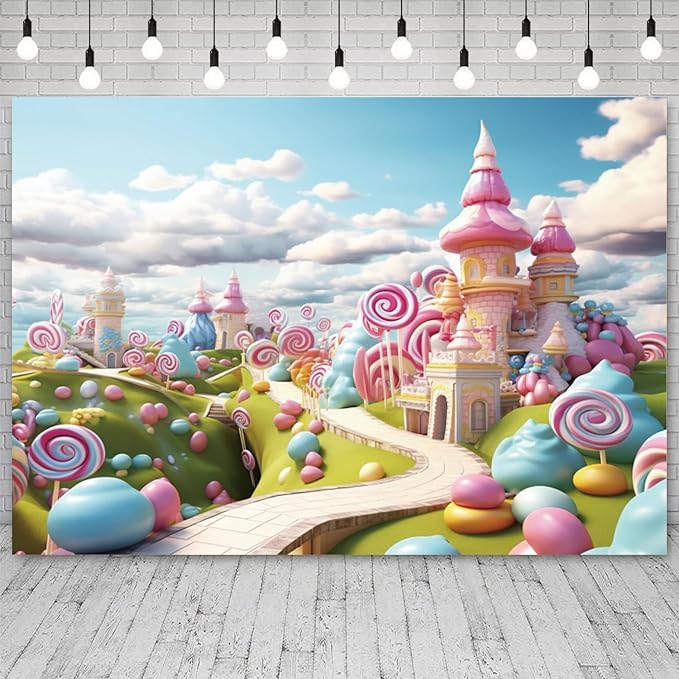 9x6ft Candyland Backdrop Fantasy Candy Castle Photography Background Sweet Lollipop Dream Blue Sky White Cloud Kids Birthday Banner Decorations Baby Shower Newborn Portrait Photo Booth Prop
