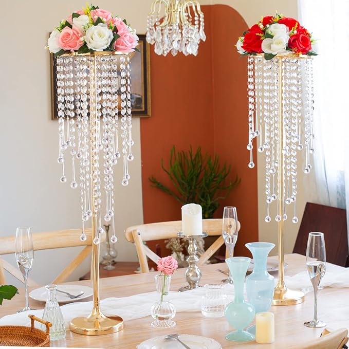 29.5in Elegant Tall Gold Wedding Centerpiece Stand, 2Pcs Metal Flower Candle Holder with Sparkling Crystal Beads,for Wedding Party Event, Birthday,Reception, Home Décor