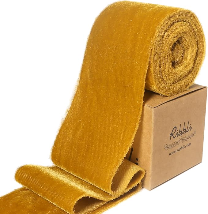 Ribbli Gold Velvet Ribbon 3 Inch Handmade Frayed Vintage Christmas Ribbon for Gift Wrapping Christmas Tree Ornament Wreath Craft Home Decor -3 Yards