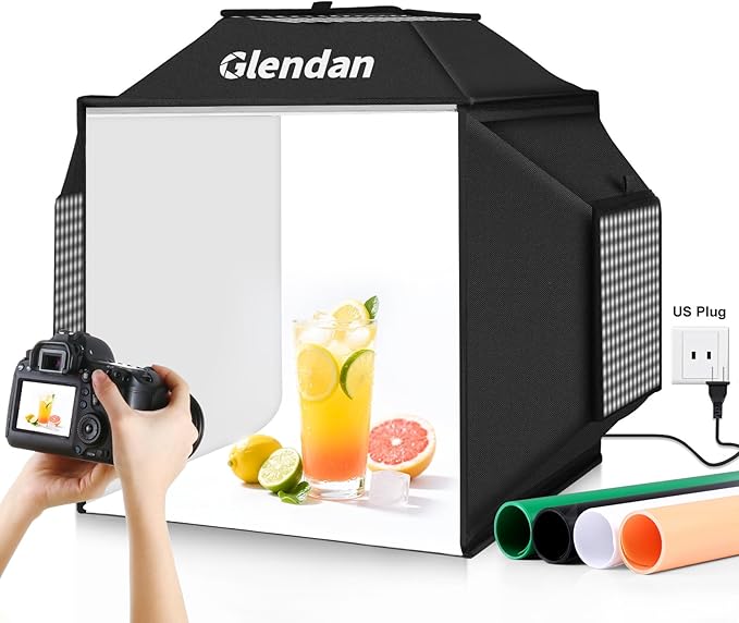 Glendan Light Box for Photography: 16"x16" Portable Photo Studio Soft Box with 480 LED Light - Photo Booth Box with 4 Color Backdrops for Jewelry Product Photography