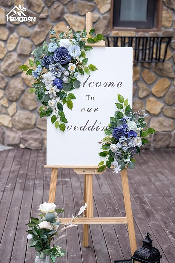 Wedding Welcome Signs Floral(Pack of 2)，Wedding Arch Flowers for Wedding Decorations and Reception Backdrop Decoration (Blue)
