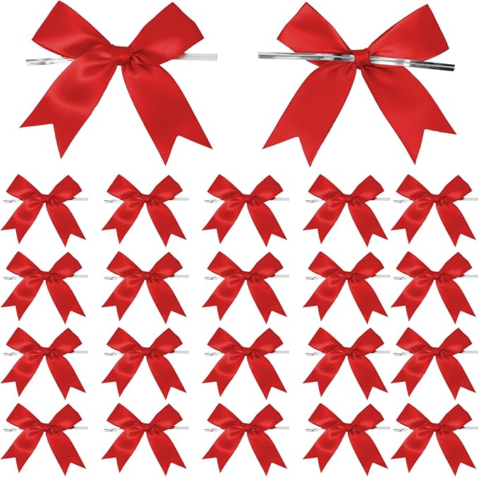 50 Counts Red Twist Tie Bows 3.1" Pre-Tied Satin Ribbon Bow Decor Mini Twist Tie Bows for Gift Wrapping Treat Bags Cake Bridal Baby Shower Birthday Party Favors Wedding Decorations