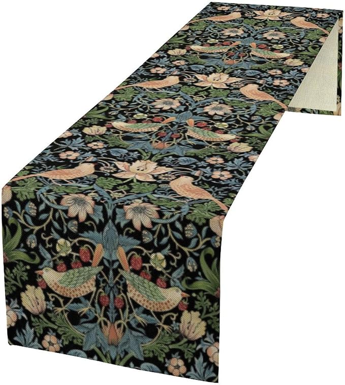 William Morris Floral Table Runner, Strawberry Thief Birds in Green and Blue Table Runner for Home Kitchen Dining Table Decoration,13x70 Inch
