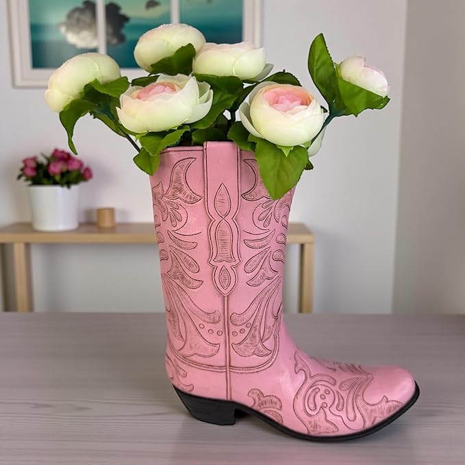 Top Brass Pink Cowboy Boot Vase – Tooled Leather Look Western Decor for Flowers/Stand Alone Accent – Resin Cowgirl Planter with Intricate Design & Protective Pads – Rustic Country Home Art, 10” Tall