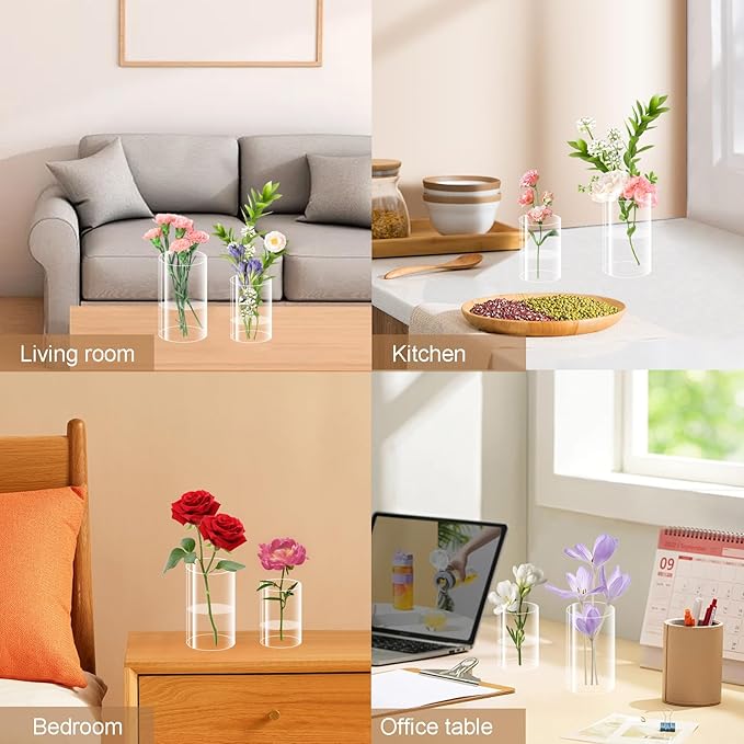 24 Pcs Plastic Vases for Centerpiece, 4 Inch & 6 Inch Small Clear Plastic Cylinder Flower Vase Bulk Acrylic Vases for Centerpiece Home Wedding Table (12pcs 4in + 12pcs 6in)
