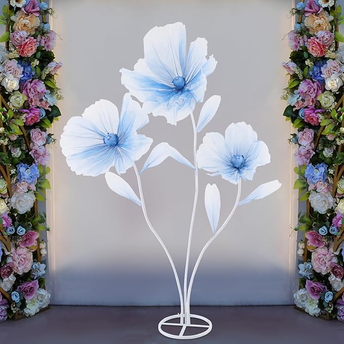 Giant Flowers for Decoration, Wedding Reception Essential, Large Artificial Silk Flower Set, 3-Head Giant Fake Flowers with Standing Stems and Base, 5.6ft Tall for Wedding & Home Decor (Blue)