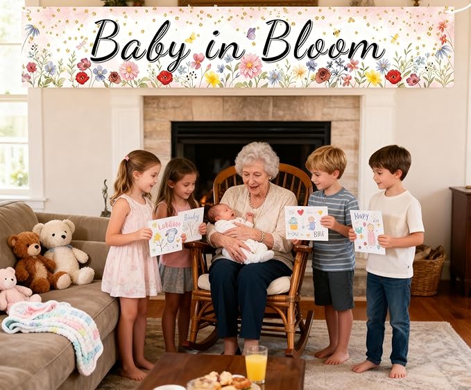 Pink Coral Baby in Bloom Baby Shower Banner, Floral Watercolor Floral Design, Party Decoration, 180x33 cm