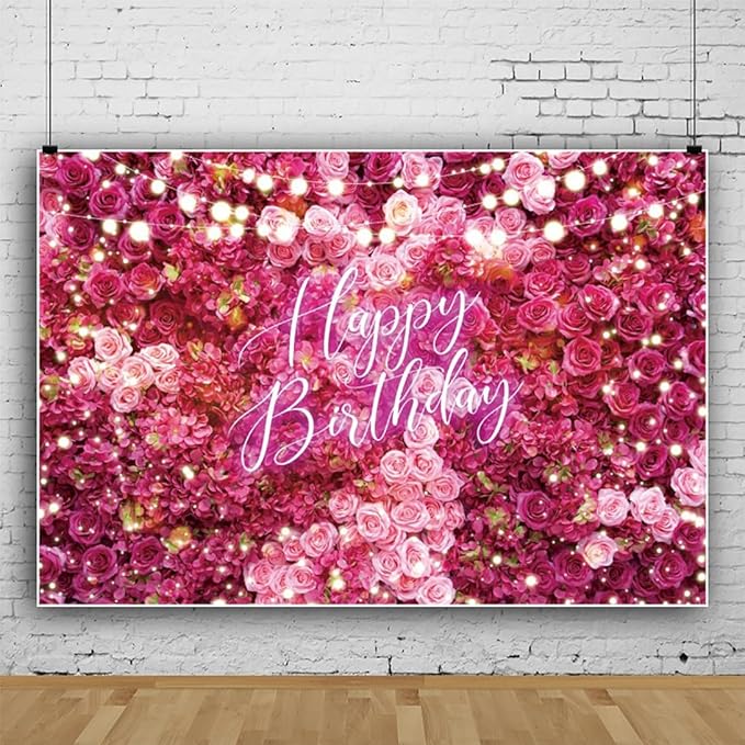 Rose Flower Happy Birthday Backdrop 12x8ft Shining Glitter Romantic Floral Women Girls Birthday Photography Background Baby Shower Party Decorations