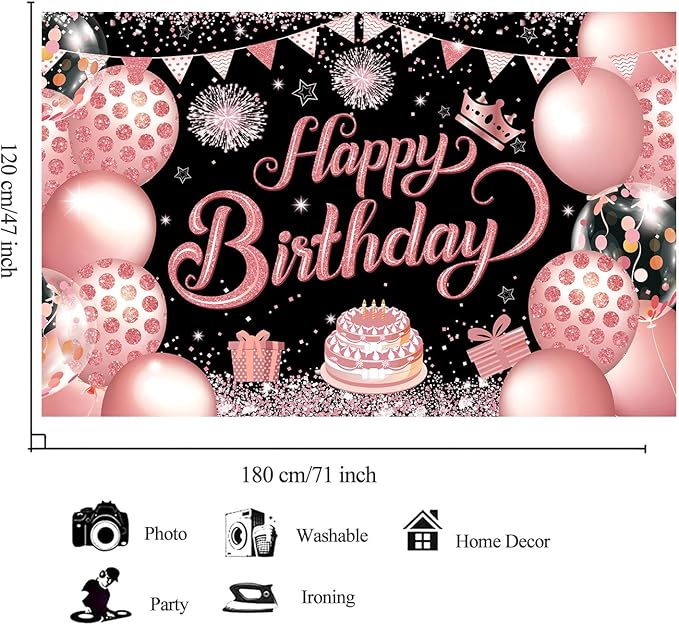 YinQin 180x120 cm Black Rose Golden Happy Birthday Party Photography Backdrops Cloth 71x47 inch Rose Gold Photo Backgrounds Glitter Pink Gold Happy Birthday Sign Banner Decorations for Women Girl