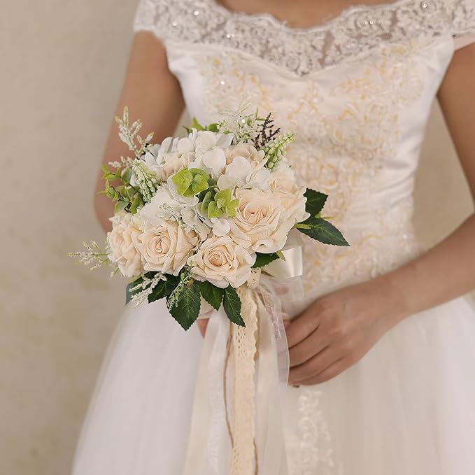 Wedding Bouquets Large for Bride Bridesmaid,White Champagne Artificial Roses Flowers for Wedding Church Decoration (9.5in)