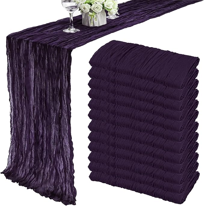 12 Pack 10Ft Cheesecloth Table Runner 35x120 Inch Boho Gauze Table Runner Rustic Cheese Cloth Long Romantic Table Runners for Wedding Bridal Shower Birthday Party Table Decor (Dark Purple)