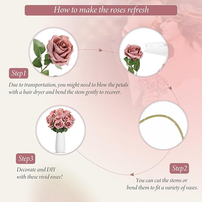 Hotop 20 Pcs Artificial Rose Flowers with Long Stem,Real Touch Silk Realistic Plastic Bouquet Roses Bulk for Home Decor Bridal Wedding Party Table Centerpieces Decorations(Dusty)