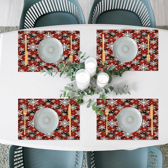Christmas Xmas Waffle Art Snowflake Placemats Set of 4 PVC Vinyl Non Slip Table Mats Heat Resistant Place Mats Washable Wipeable Dining Table Mat for Kitchen Decor Party Indoor Outdoor Decorative Gift
