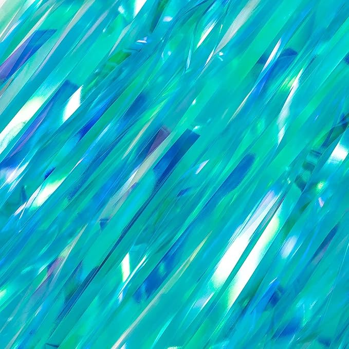 BRAVESHINE Iridescent Blue Foil Fringe Backdrop - 2 Pack 3.2x6.5 ft Holographic Tinsel Streamers Curtains for Christmas/Frozen/Winter’s Snowflake/Birthdays/Mermaid/Sea/Baby Party Decorations