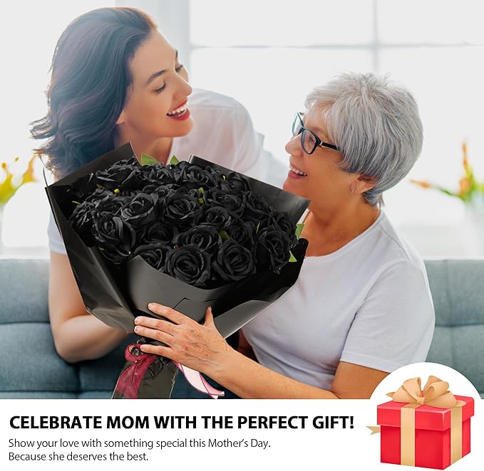 Black Roses Artificial Flowers Bulk, 52Pcs Fake Roses Flower Arrangement, DIY Silk Flowers Roses Bouquet, Realistic Faux Artificial Roses for Mother's Day Home Table Decor