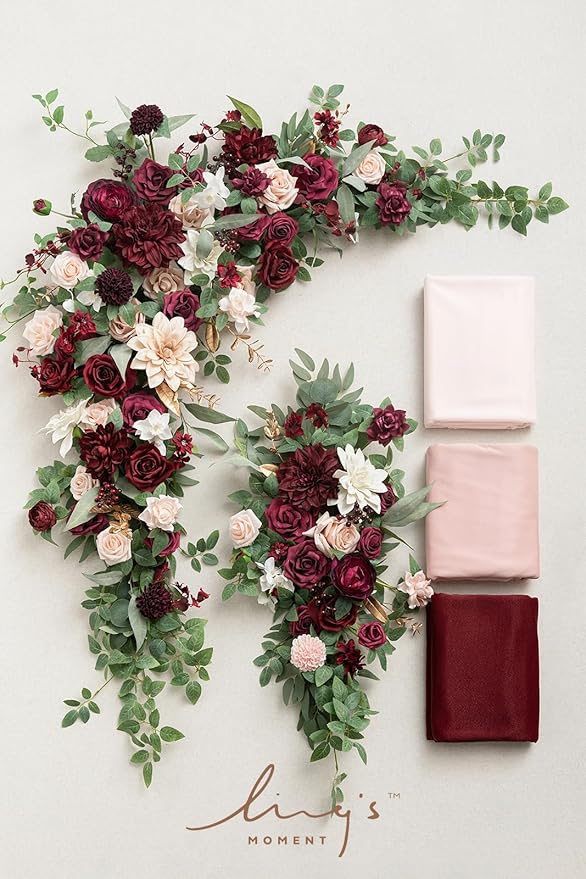 Ling's moment Deluxe Wedding Arch Flowers with Drapes Kit-Pack of 5, 2pcs Flower Arrangements 3pcs Hanging Sheer Drapes Pink Ceremony Arbor Red Backdrop Artificial Rose Floral Decorations
