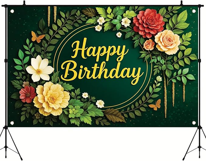 Greenery Birthday Backdrop Green Floral Banner Butterfly Happy Birthday Photography Background for Women Girls Lady Newborn Baby Shower Party Supplies Photo Booth Props 71 x 43 Inch