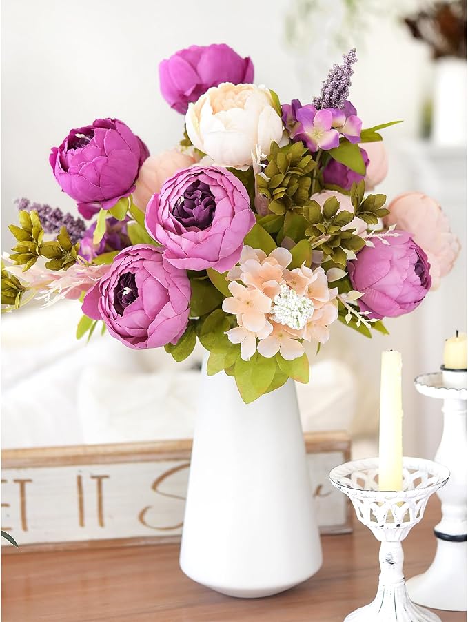 FiveSeasonStuff Vintage Artificial Peonies Silk Peony Flowers and Hydrangeas for Wedding Bridal Home Décor – Beautiful Floral Centerpiece Arrangement 2 Bouquets (Mixed Pale Pink and Thistle Purple)