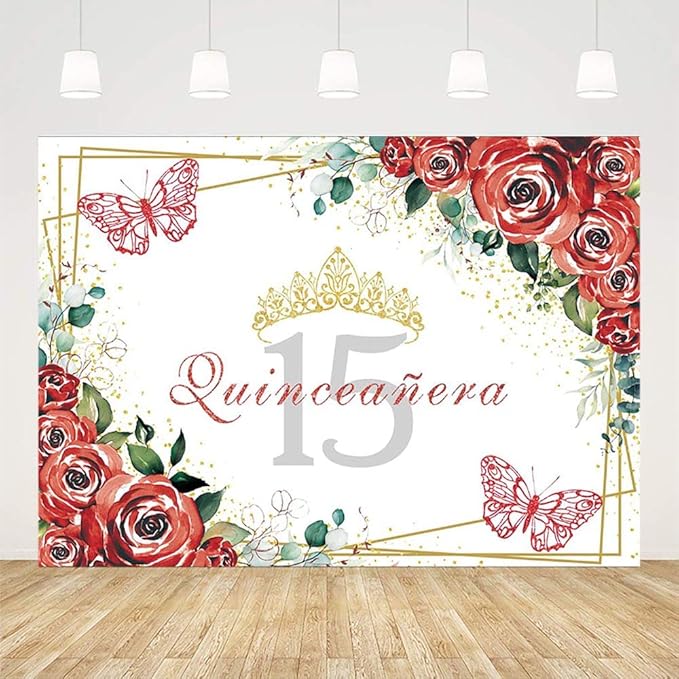 SENDY 7x5ft Quinceañera Backdrop Mis Quince 15 Anos Birthday Party Decorations Supplies for Girl Princess Red Floral Flowers Butterfly Gold Crown Photography Background Banner Photo Booth Studio Props