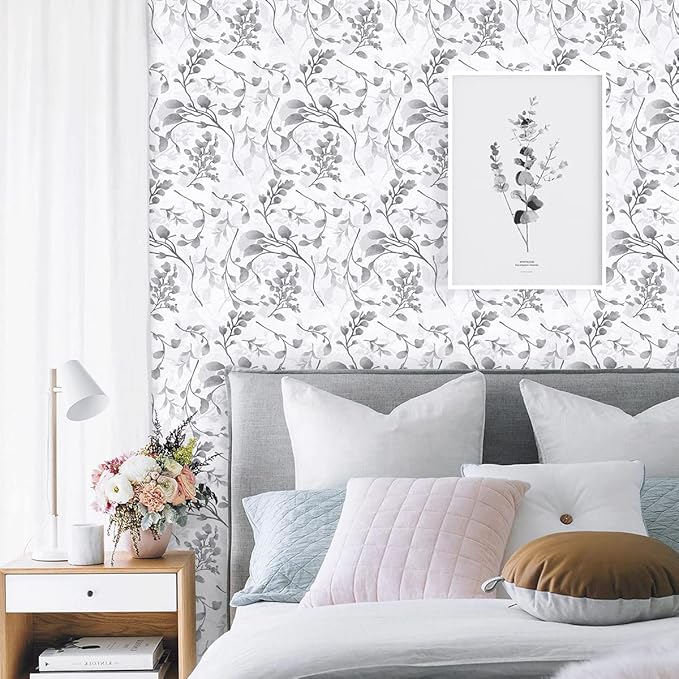 Orainege Gray Peel and Stick Floral Wallpaper Self Adhesive Contact Paper Waterproof 17.7 in x 196.8 in Removable Wallpaper for Bedroom, Bathroom, Cabinets