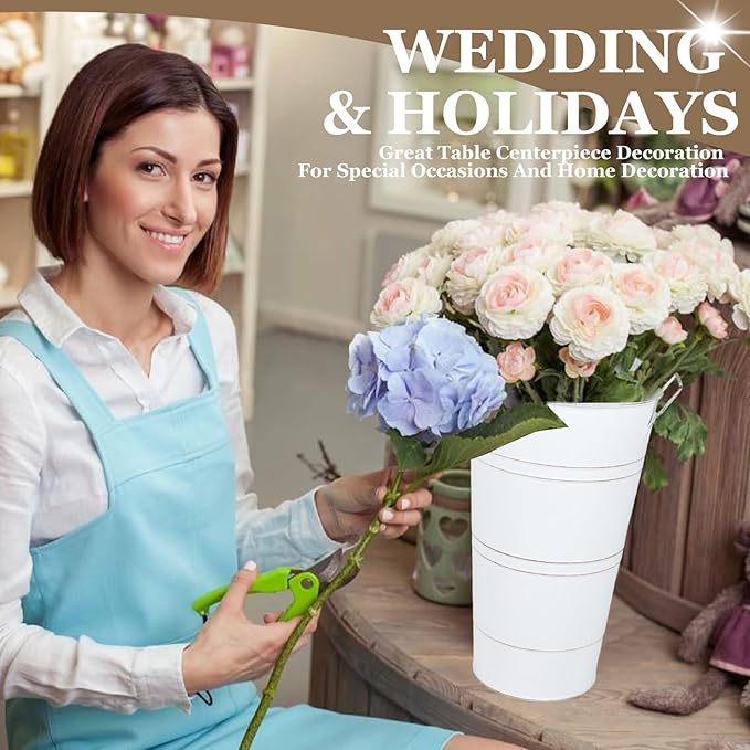 8pcs 12.8inch White Flower Holders for Flower Bar, Galvanized Flower Bucket, Metal Buckets for Party, Rustic Vases for Centerpieces, Floral Vase, Farmstand Supplies (White, 12.8inch Height)