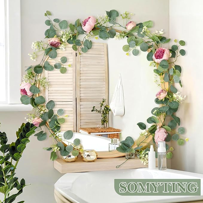 SOMYTING 2 Pack 13FT Flower Garland, Artificial Rose Vine Fake Flower Garland Silk Rose Peony Hanging Vine Faux Floral Garlands for Wedding Party Arch Table Wall Backdrop Decoration (Vintage Pink)