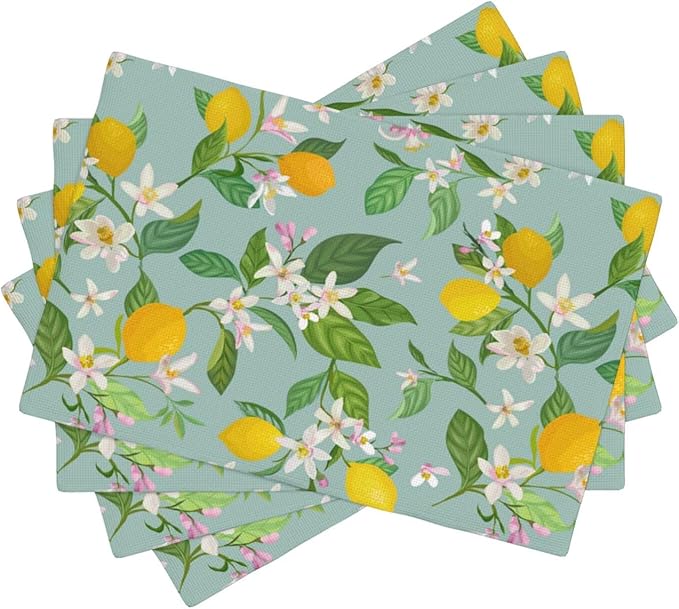 Lemon Linen Placemats Set of 4 Summer Tropical Fruits Floral Placemats for Indoor Outdoor Party Home Desktop Kitchen Dining Room Decor 12x18 Inch